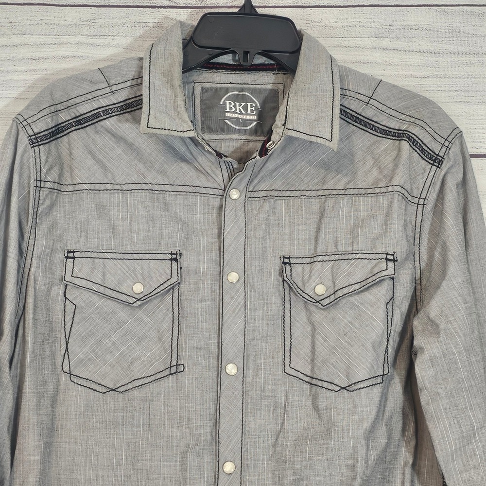 BKE Men's Large Grey & Black Pearl Snap Button Up Longsleeve  / Roll Tab L640